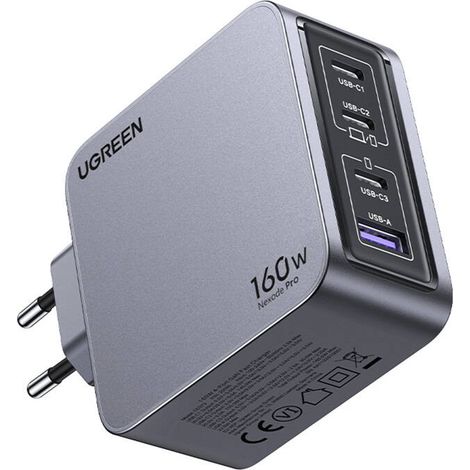 Ugreen Nexode Pro 160W Wandladegerät, GaN, USB + 3x USB-C (Grau)