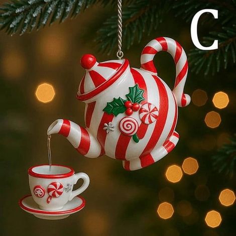 Teapot Ornament - Vintage Tea Pot Decor With Pouring Tea Effect - Christmas Tree Hanging Decoration - Holly And Red Berries Design - 1 Piece (1/3)