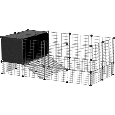 Enclos pour petits animaux, cage à lapin modulable 31 panneaux avec niches surélevées, en acier, 140x70x52cm, noir (1/5)