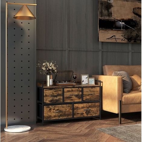 Commode de rangement en polyester brun avec cadre en acier, 5 tiroirs, style industriel, 98x29x63 cm (1/5)