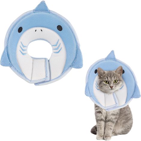 Collier de récupération pour chat en forme de requin mignon, collier élisabéthain en maille douce et respirante ajustable pour empêcher de lécher les plaies, collier post-opératoire léger pour chatons (1/5)