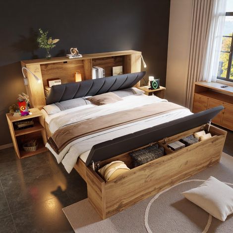 Lit Double en Bois 160 x 200 avec Lampes de Lecture avec Port USB,tête de lit Rabattable,Deux Tables de Chevet,Banquette de lit avec Rangement,sommier à Lattes,Couleur chêne (1/5)