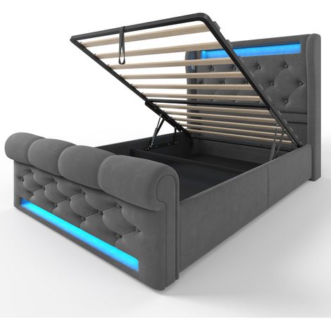 Letto singolo imbottito 90x200 cm in velluto grigio con LED, contenitore idraulico e prese USB-C (1/5)