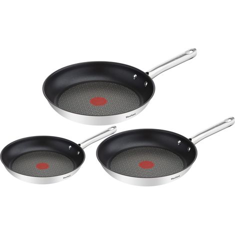 Tefal Duetto Set di 3 Padelle da 20/24/28 cm in acciaio inox, padelle antiaderenti, base spessa, rinforzata a prova di urti, facile pulizia, adatto a tutti i tipi di cucine (1/5)