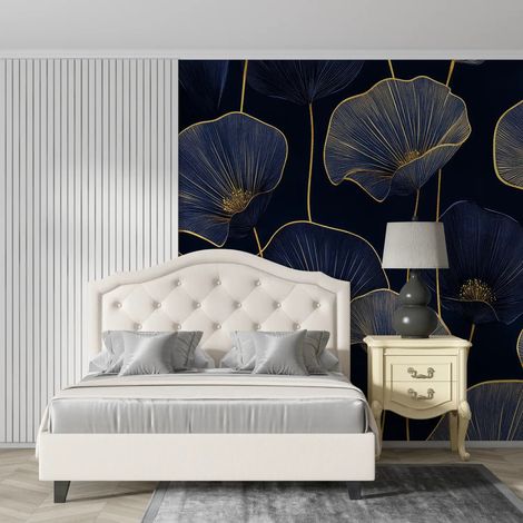 Papier peint floral coquelicots dores sur fond bleu nuit 1 - 150 x 250 cm (1/2)