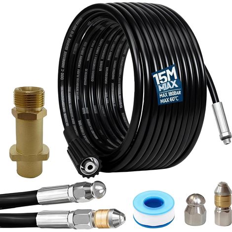 Tuyau Déboucheur Canalisation, 15 M Kit De Nettoyage De Canalisations, Kit Furet Professional Avec Ruban Adhésif, Adaptateur M22, Buses Jet Et Rotatives, Tuyau Haute Pression Compatible Avec K2-K7 (1/5)