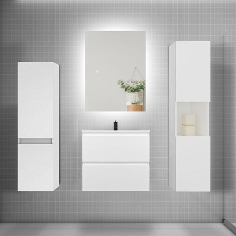 Ensemble meuble blanc et lavabo L.60cm 2 tiroirs + colonne2 haut + lavabo + miroir 80x60cm-suspendu