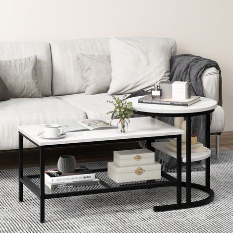 Lot de 2 Tables Basses Gigognes Scandinaves Table d'Appoint Imprimée Marbre Cadre en Métal Doré Repose-pieds Réglables Noir Maison Chic (1/5)