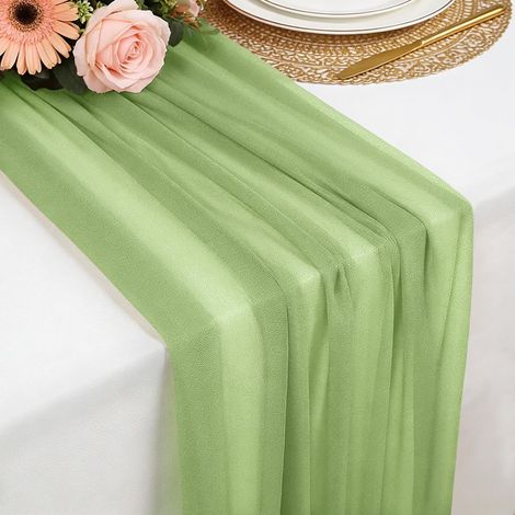 Chemin de table mousseline vert prairie, 77x300 cm, doux et élégant pour mariage bohème, fête, baptême, baby shower ou cuisine. (1/5)