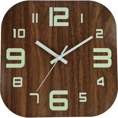 Horloge murale carrée 30,5 cm en bois rustique silencieuse avec chiffres luminescents pour chambre salon (1/5)