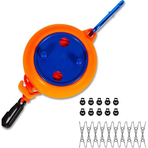 Corde à linge rétractable pour camping - Portable - 8 m - Corde à linge extensible - Pour jardin, voyage, salle de bain, buanderie (10 boucles fixes et 20 pinces à linge) (1/5)