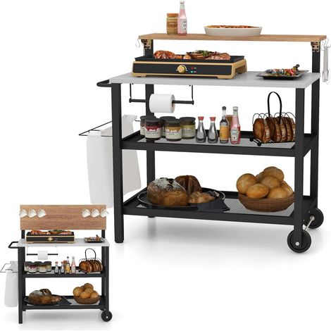 COSTWAY Carrello per Barbecue con 3 Ripiani e Tavola Ribaltabile, Carrello da Cucina con Ruote e 6 Ganci, Carrello Porta Griglia Multiuso in Ferro Zincato, per Interno ed Esterno, 116 x 55 x 130 cm (1/5)
