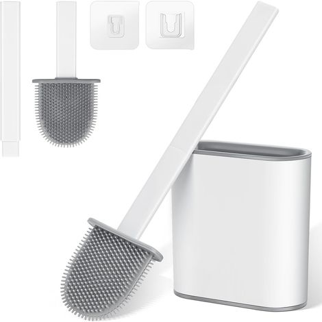 Brosse WC Silicone, Brosse Toilettes WC en Silicone avec Tête en Caoutchouc, Blanche, Support Inclus, Montage Mural Sans Perçage, Idéale pour Salle de Bain et Camping-Car, Accessoires Salle de B (1/5)