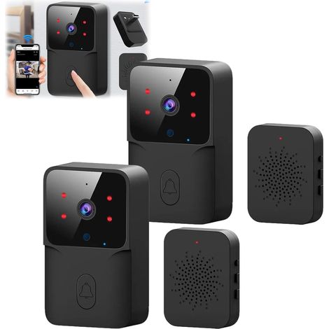 DoorDefender, sonnette vidéo sans fil avec caméra, sonnette vidéo intelligente WiFi, sonnette vidéo intelligente, sonnette vidéo intelligente sans fil avec carillon (noir-2 pièces) (1/5)