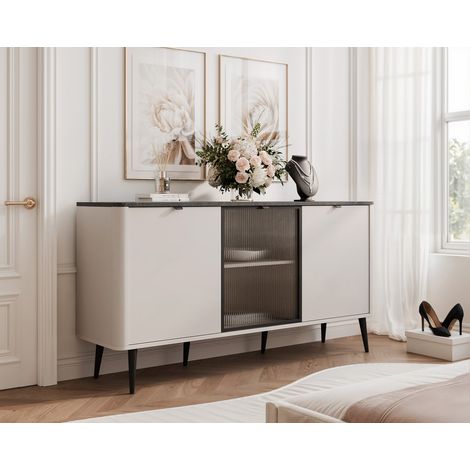 Commode Salon avec Vitrine NAVANI - Commode Chambre - 160x40x82 cm - 3 portes - Cachemire/Gris (1/5)