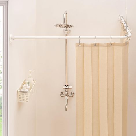 Bacchetta pour rideau de douche, tringle de douche en forme de L, tringle de douche extensible pour salle de bain, magasin de vêtements, en acier inoxydable 304 avec 12 crochets à anneaux et support (1/5)