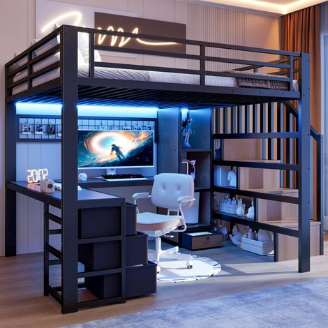 Lit mezzanine enfant 140x200 cm avec bureau, 4 tiroirs, LED, étagère, grille de suspension, marches de rangement, métal et MDF, noir (1/5)