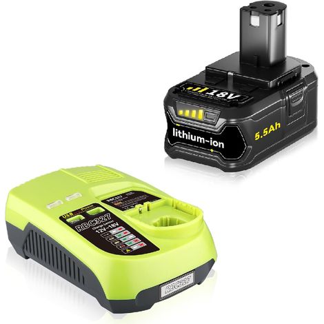 5,5 Ah Ersatzakku für Ryobi 18 V mit P117B-Ladegerät, kompatibel mit Ryobi 18 V Akkus P102, P103, P104, P105, P107, P108, P109. Akku- und Ladegerät-Set mit USB-Anschluss. (1/5)