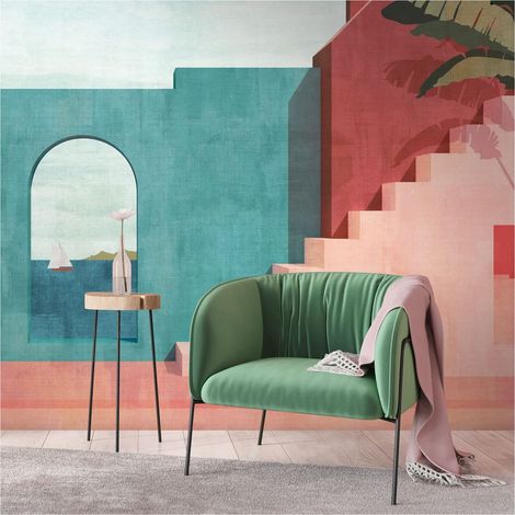 Photo wallpaper Profhome 398891 hot embossed non-woven wallpaper smooth with architectural subjects matt blue red pink grey 2.12 m x 2.8 m (1/4)