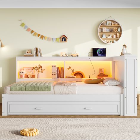 Lit banquette 90 x 200 cm blanc en pin avec lit gigogne, LED et prises USB-C (1/5)