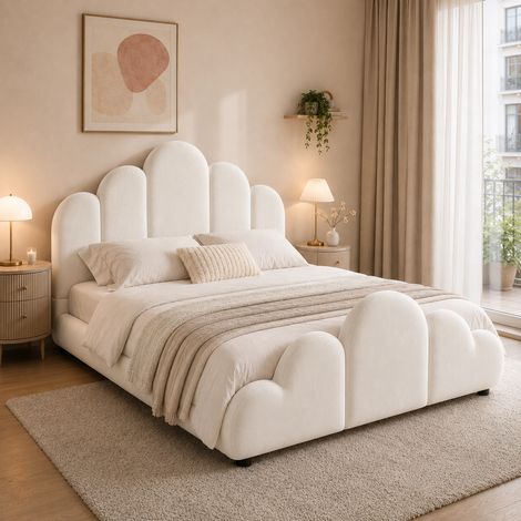 Lit enfant 140x200 cm – design nuage avec coins arrondis et sommier à lattes – velours – beige (1/5)