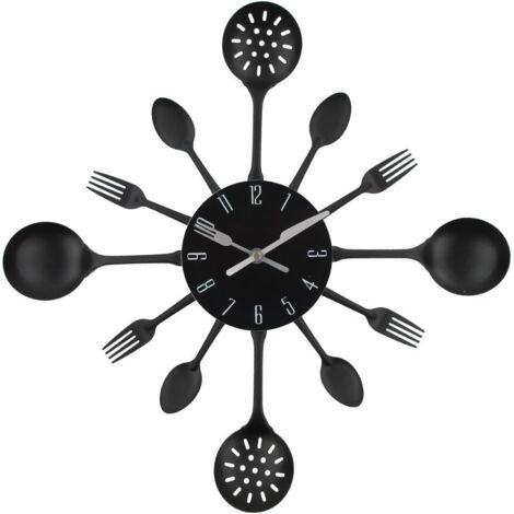 Horloge murale en métal de 40,6 cm - Couverts de cuisine - Cuillère - Fourchette - Horloge murale créative et moderne - Décoration d'intérieur (noir) (1/5)