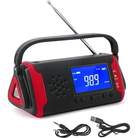 Radio FM/WB avec manivelle et alimentation solaire pour une utilisation en extérieur, dynamo, alerte météo et lampe torche. (1/5)