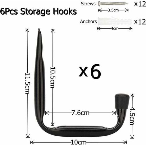 Set of 6 heavy-duty J-shaped wall hooks for garage storage (11.5 cm x 10 cm) (1/4)