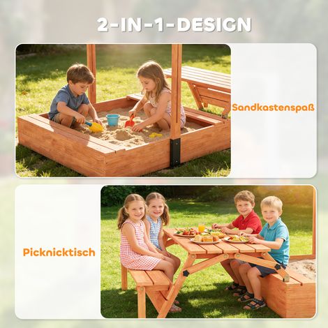 Bac à sable en bois abrité avec table de pique-nique rabattable et banquettes, pour enfants 3-8 ans, 184 x 110 x 120 cm, marron (1/4)