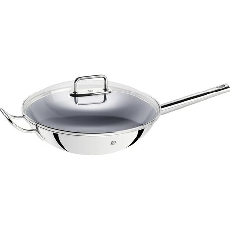 Wok, Couvercle en Verre, Grille Amovible Inclus, Ø 32 cm, Acier Inoxydable, Compatible Induction, Manche Long (1/5)