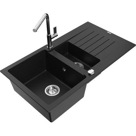 Mexen Matias 1,5-Becken-Granitspüle mit Abtropffläche und Mischbatterie Flora, Schwarz - 6502-77-670