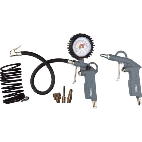 ABAC Kit Accessori per Compressore 6 Pezzi G-813, Inclusi Gonfiagomme con Manometro, Pistola di Soffiaggio, Tubo a Spirale 5 m, 3 Punte di Gonfiaggio, Pressione Max 8 Bar (1/6)