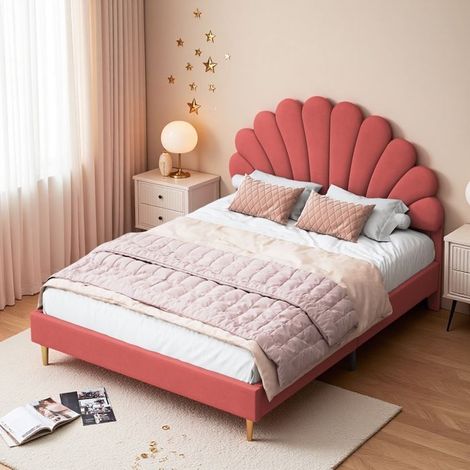 Letto matrimoniale 140x200 - Testata in velluto rosso a forma di petalo - Struttura in legno - Piedi dorati