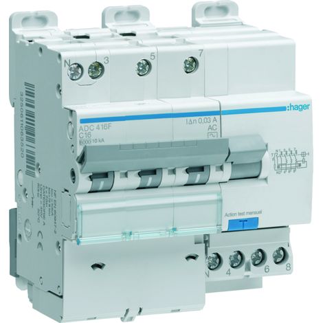 Hager – Disjoncteur différentiel 3P+N 16A 30mA type AC – Capacité de coupure 6-10kA – Courbe de déclenchement C – Protection contre surintensités (1/4)
