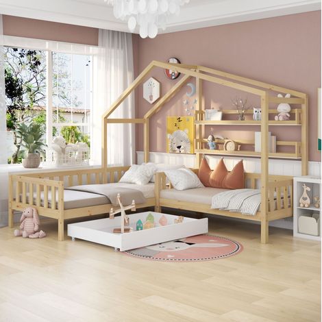 Cama casita L 90x200+140x70 cm de pino y MDF natural, con cajón, para niños, sin colchón – MEUBLIV (1/5)