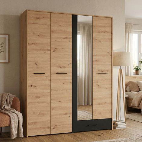 Großer Kleiderschrank Lisio, Schlafzimmer Schrank mit Schublade, 5 Regale, Kleiderstange, 157,5x203,5 cm, Eiche Braun (1/5)
