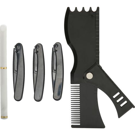 Kit d'outils pour tailler et entretenir sa barbe : crayon blanc de barbier, pochoir noir, guide de coupe. (1/5)
