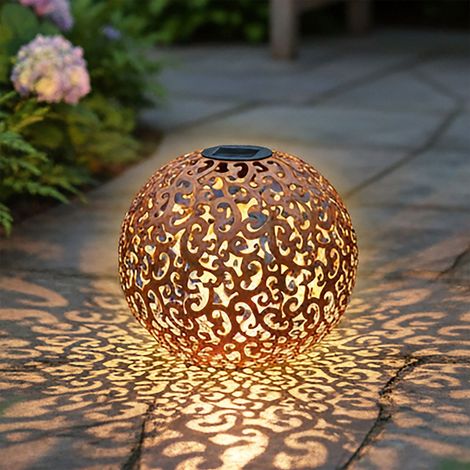 Metall Dekokugel 28,5 cm - Solar/beleuchtet - Solarkugel warmweiß in Rost Optik