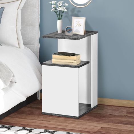 Table Chevet Étagères Chambre Salon Style Moderne Mobilier Intérieur Gris Blanc 35x29,5x60cm