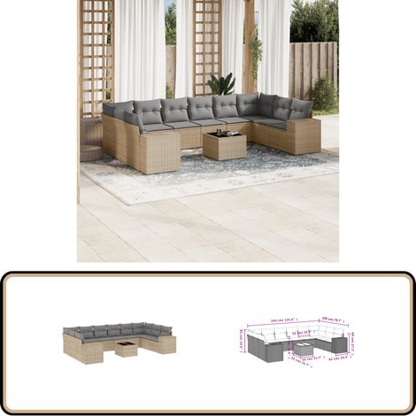 11-tlg. Garten-Sofagarnitur mit Kissen Beige Poly Rattan - Gartenmöbel - Esstischgarnituren - Outdoor Möbel - Lounge Set - Rattan Gartenmöbel