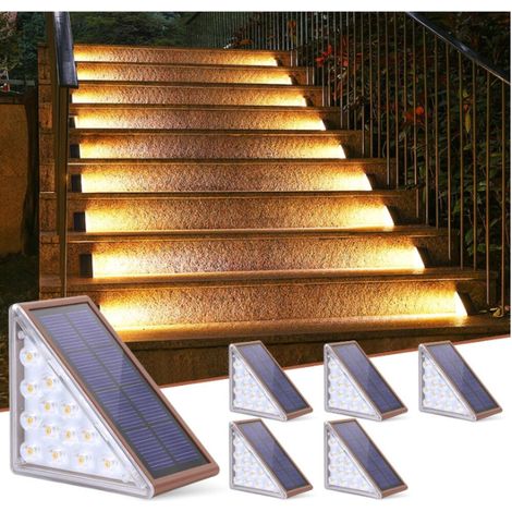 Lampe Solaire Exterieur, lot de 6 Eclairage Escalier Exterieur, Étanches (IP65), avec 13 LED Lumineuses, Blanc Chaud 3000K, Auto On/Off, pour Escaliers, Marches, Terrasses, Jardins, Allées (1/5)