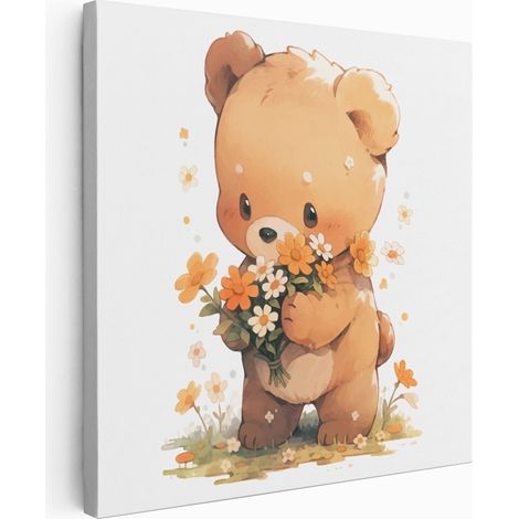 Tableau toile Enfants Carré - Ourson Fleurs - 30x30 cm (1/2)