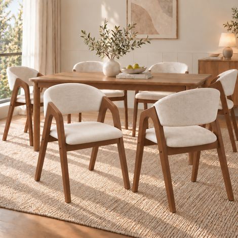 Lot de 4 chaises de salle à manger avec accoudoirs, bois et lin, noyer et beige avoine OKMYHOME (1/5)
