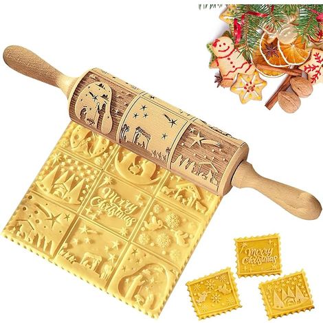 Rouleau à pâtisserie en bois 3D 35 cm avec motif fleurs de Noël, pour bricolage, cuisine, biscuits selon (A) (1/5)
