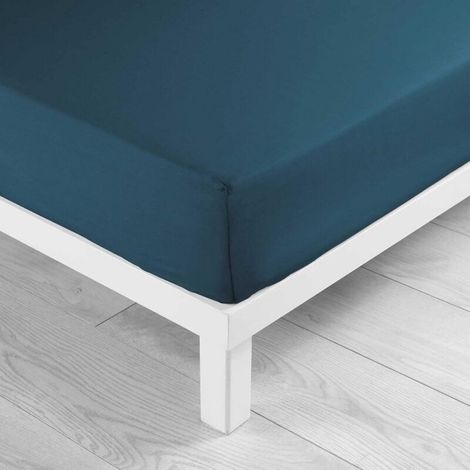 1 Drap Housse, 90x190 cm, 100% Coton, Tissage 57 fils, Bleu, Pour matelas jusqu'à 30 cm (1/5)