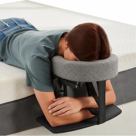 Massage Headrest for Bed, 180° Adjustable Fabric Cover Headrest with Face Cushion Support, Massage Mattress Topper with Armrest and Storage Bag, Fits Mattress Thickness (1/5)