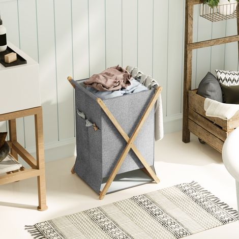 Panier à linge pliable de 55 L en tissu et structure en bambou. Bois et gris.