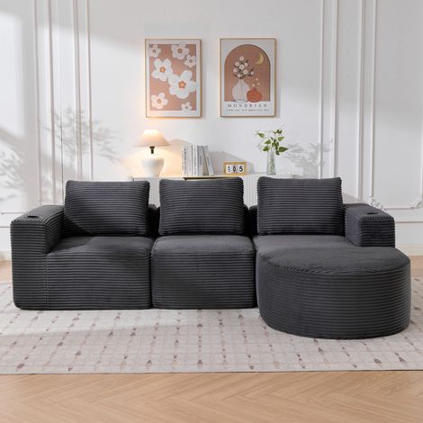 Canapé double complètement compressé 265cm, Canapé 3 places, velours côtelé, 3 oreillers + 2 porte-gobelets, Gris foncé (1/5)