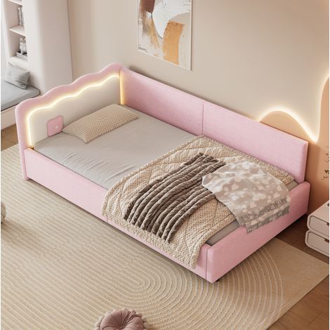 Lit banquette 90 x 200 cm en velours rose avec LED et tête de lit design, sommier inclus (1/5)