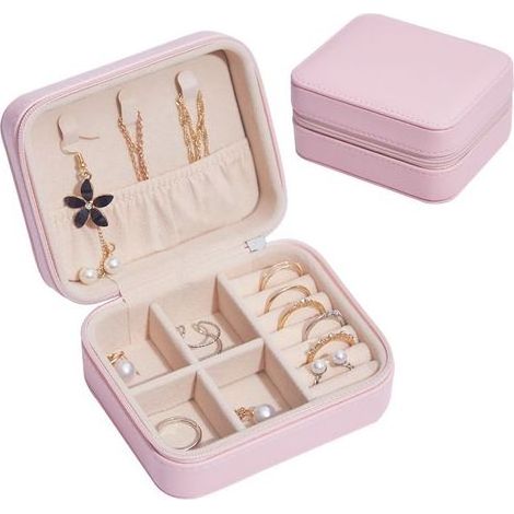 Mini boîte de rangement de bijoux en cuir PU de voyage(Rose clair) (1/5)